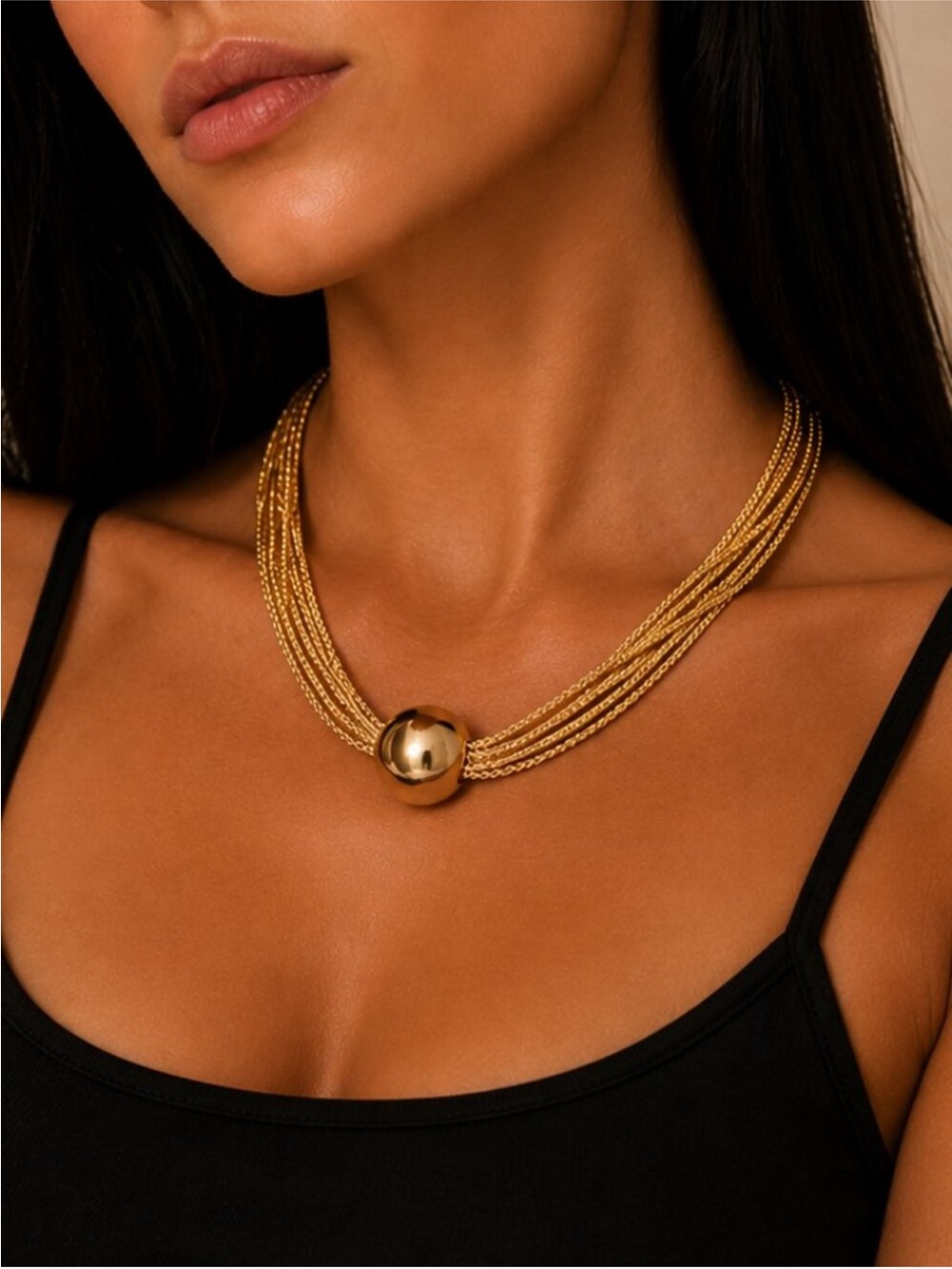 ✨ Gold-Tone Multi-Strand Statement Necklace Sculptural Ball Collar